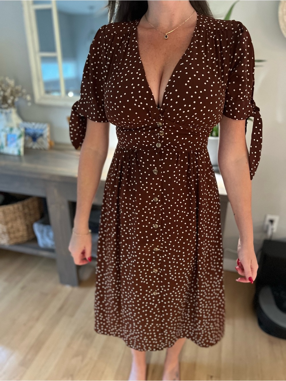 Blu Pepper Brown Polka Dot Midi Dress with Tie Sleeves